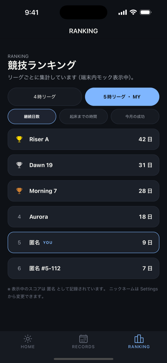 ランキング画面 — リーグ別の競技ランキング